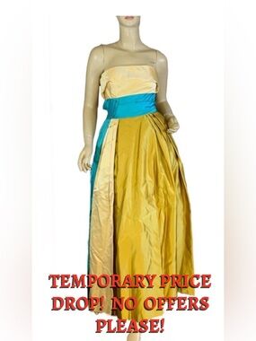 VINTAGE CIRCA 1960 CREAM, GOLD & TURQUOISE STRAPLESS SATIN FORMAL DRESS (XS)